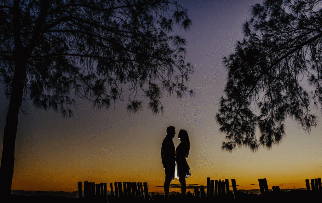 Silhouette of a couple standing close together outdoors at sunset, framed by trees and a warm sky.